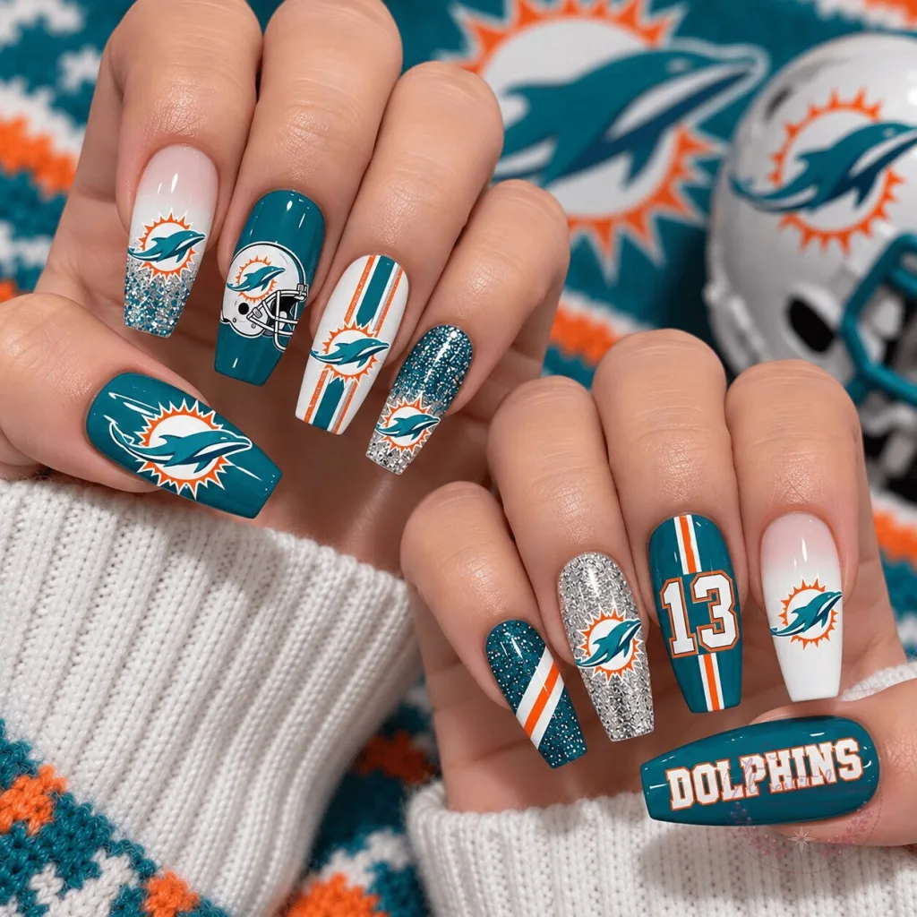 Miami Dolphins National Football League Glitter Game Day Press On Nails Miami Dolphins National Football League Glitter Game Day Press On Nails