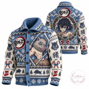 Demon Slayer Inosuke Hashibira Christmas Holiday Knit Cardigan Sweater