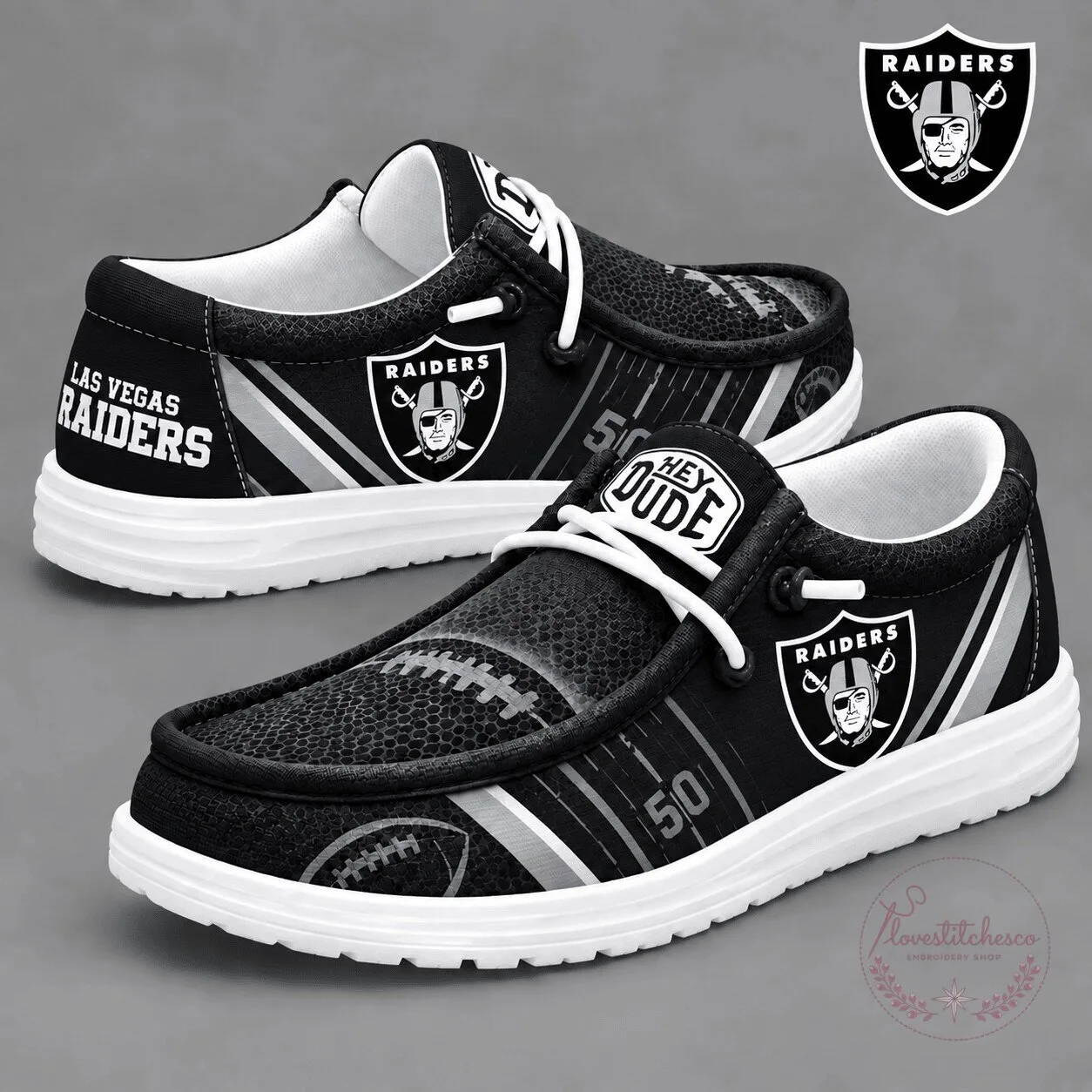 Las Vegas Raiders NFL Football Team Logo Black and White Loafer Shoes